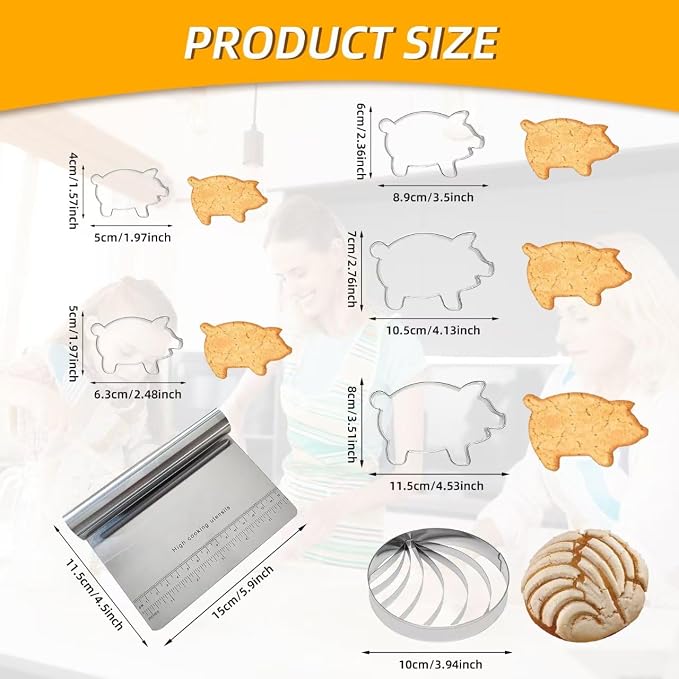 Concha Cutter ，Stainless Steel Mexican Bread Mold with 5pc pig cookie cutter，Mexican Kitchen Mold for Bread Cookie Cake Biscuit，Moldes Para Marcador De Conchas