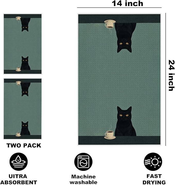 2 Pcs Vintage Coffee Cat Kitchen Towels, Cat Gift Reusable Hand Towels | Cat Dish Cloths for Dishes, Coffee Waffle Dish Towels for Kitchen Bathroom Decor, Cat Lover Gifts for Women Mom Coffee Gifts