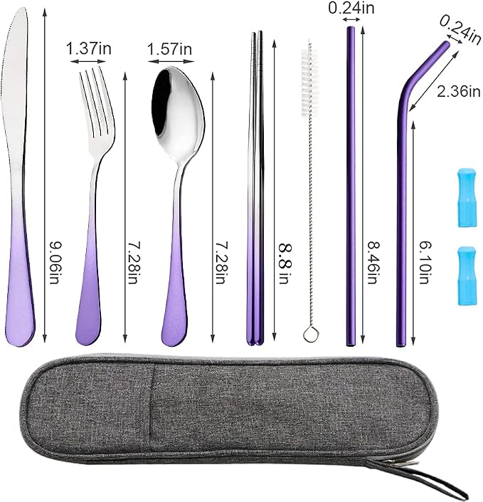 Travel Utensils Set with Case Reusable Portable Cutlery Set Stainless Steel 8pcs Including Dinner Knife Fork Spoon Chopsticks straws (Gradient Purple) | Dishwasher Including Dinner Knife Fork Spoon Chopsticks Straws Travel Fork Spoon Knife for Work, Ca...