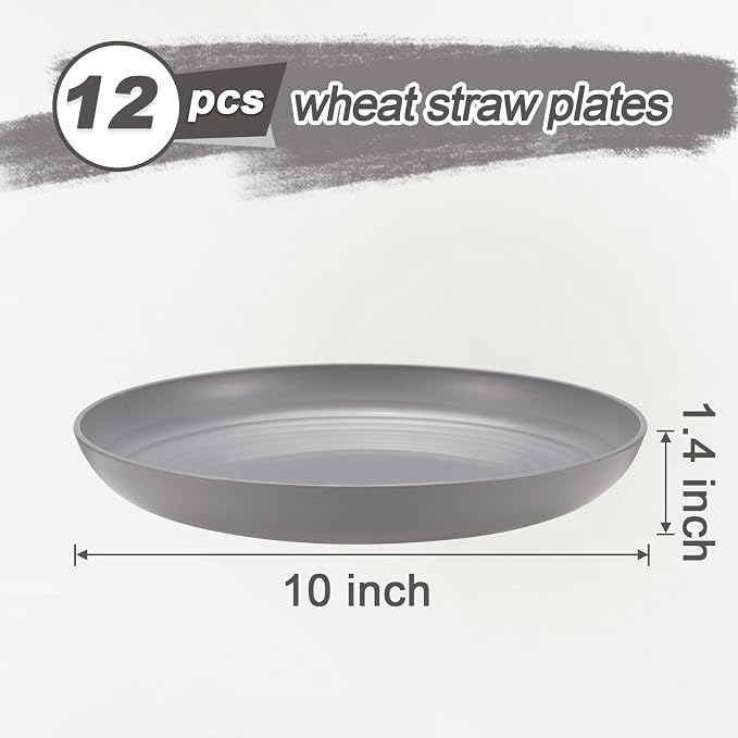 HEYCOME 12 Pcs Unbreakable Deep Dinner Plates Set, 10 inch Reusable Plastic Wheat Straw Plates, Microwave and Dishwasher Safe Plate for Kitchen, Lightweight Plate for Dessert, BPA Free, Gray