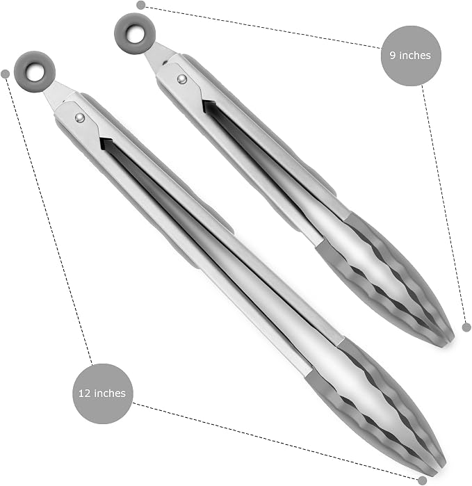 2 Pack Silicone Kitchen Tongs, 9 & 12 Inch, Stainless Steel, Grey | Heat Resistant to 500°F with BPA-free Silicone Tips, Locking Clip and Nonslip Handles for Nonstick Cookware and Grilling