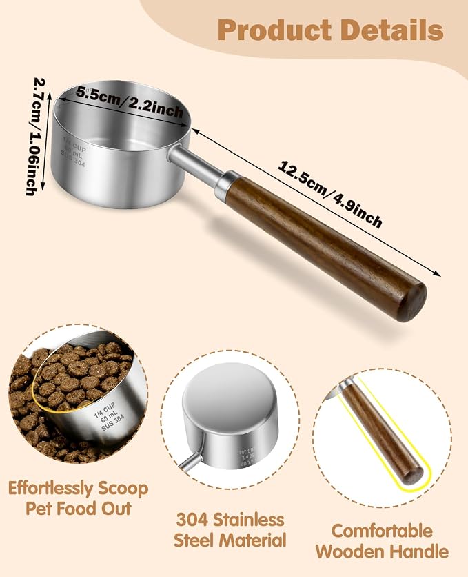 Stainless Steel Dog Food Scoop, Dog Food Measuring Cup With Measuring Lines (Cup/ML) & Long Wooden Handle, Metal Pet Food Scoop For Dogs, Cats and Kitchen Use, Dishwasher Safe (1/4 CUP)
