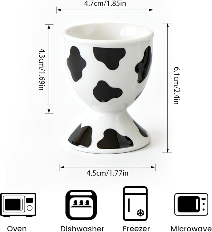 Cinf Ceramic Egg Cups, Set of 2, Cow Print Boiled Egg Holders for Breakfast | Set of 2 ceramic egg cups, classic white design, easy to clean, ideal for boiled eggs, breakfast serving and holiday gifting