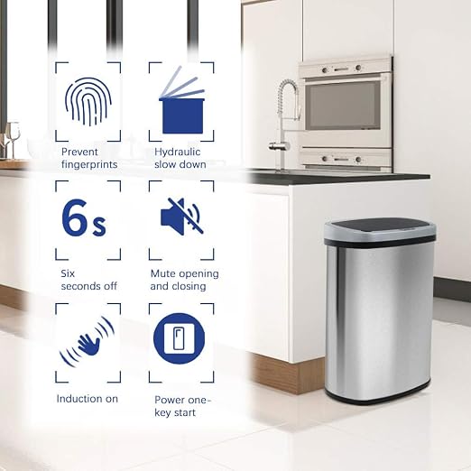 BestOffice | 13 Gallon Stainless Steel Trash Can with Lid | Steel | Automatic Touchless Garbage Can | Odor Control | Modern Oval Design | Easy to Clean | For Kitchen, Bathroom, Office or Home