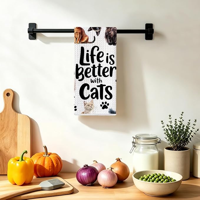 Jztco Cute Cat Kitchen Towels, Floral Cats Gifts Reusable Hand Towels | Cat Lover Gifts for Women Mom, Waffle Dish Towels for Kitchen Home Bathroom Decor 24x14 Inch