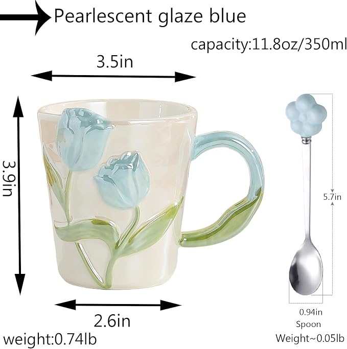 Floral Ceramic Coffee Mug 11.8 Oz Espresso Cup, Cute Flower Tea Cup with Handle for Women, Girly Mug Gift for Christmas Birthday, Home Office Drinkware, Blue