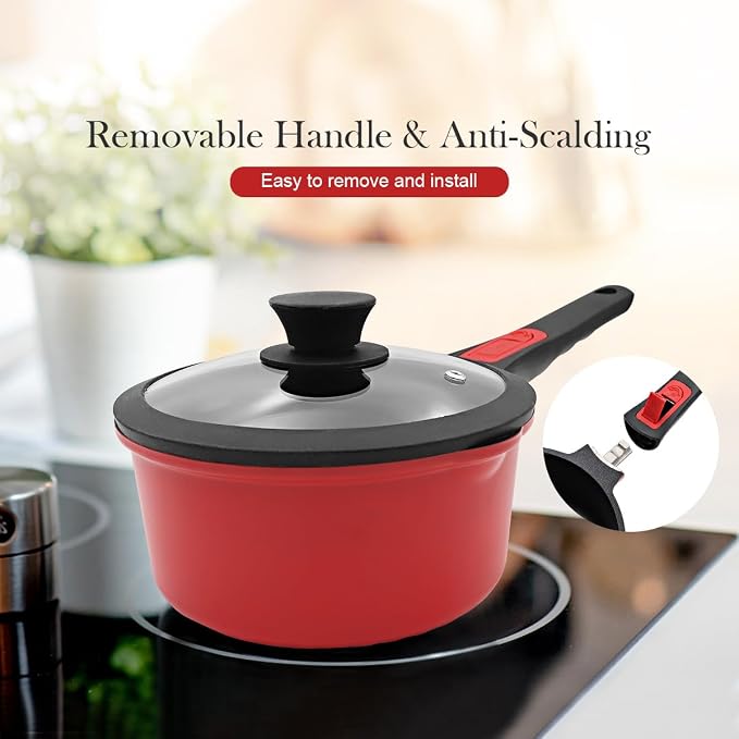 2.5 Qt Non Stick Sauce Pan with Lid, Nonstick Sauce Pot & Saucepan with Pour Spout, Milk Pan Pasta Pot, Mini Cooking Pot Induction Compatible, Detachable Handle, Oven Safe, PFOA Free, Red | Milk pan with removable handle. Suitable for all types of cook...