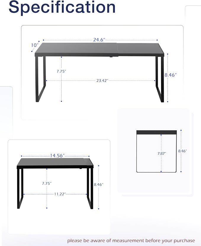 Nxconsu Expandable Cabinet Shelf, Shelf Riser for Cabinets, 10" Black | Edgeless Metal Cabinet Riser Holds 50 lb and Expands 14.6 to 24.6 in for Under Sink Kitchen Pantry Cupboard Shelf