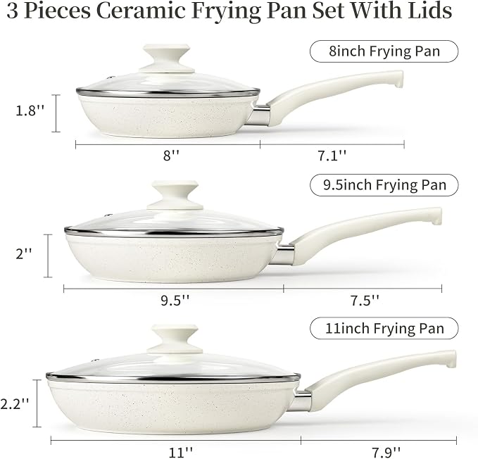 Innerwell Nonstick Ceramic Frying Pans Skillets Set with Lid 8"+9.5"+11" | No Toxic Egg Omelette Frying Pan, All Stove Compatible, Healthy Granite Induction Cooking Pan, PFOA & PFAS Free, White