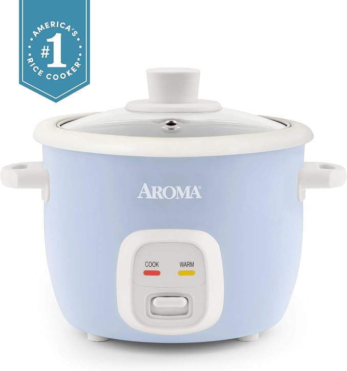 AROMA® Mini Rice Cooker, 2-Cup (Uncooked) / 4-Cup (Cooked), Grain Cooker, Soup Maker, Oatmeal Cooker, Auto Keep Warm, 1 Qt, Blue, ARC-302NGBL