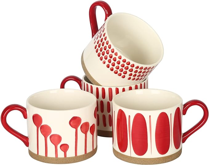 Koja Colorful Hand Painted Ceramic Mugs, 16 oz, Set of 4, Dishwasher Safe | Also microwave safe. Colorful hand painted set makes a great gift for coffee or tea lovers.