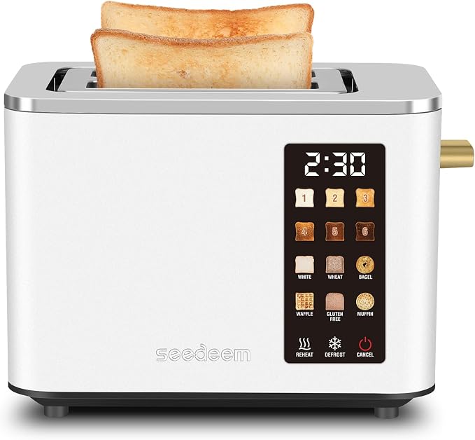 SEEDEEM Touchscreen Toaster 2 Slice, Stainless Steel, 6 Shade, 900W, White