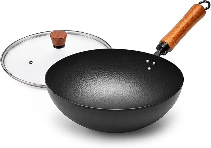 11" Round Bottom Carbon Steel Wok with Glass Lid, Traditional Chinese Stir Fry Pan for Gas Stove & Wok Ring, 3.2 QT Small Wok for 1–3 People, Uncoated, Wood Handle, Seasoning Required