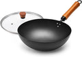 11" Round Bottom Carbon Steel Wok with Glass Lid, Traditional Chinese Stir Fry Pan for Gas Stove & Wok Ring, 3.2 QT Small Wok for 1–3 People, Uncoated, Wood Handle, Seasoning Required