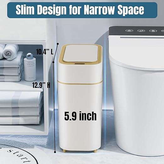 2-Pack Automatic Bathroom Trash Can with Lid, Slim Motion Sensor Garbage Can, Waterproof Touchless Trash Bin, Smart Trashcan for Bedroom, Living Room, Narrow Space, 2.3 Gallon, White+Gold Trim