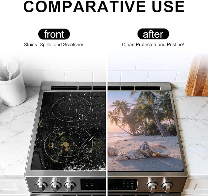 Beach Stove Top Cover, Tropical Coastal Kitchen, 28x20 in | Sunset beach with dolphins, palm trees and seashells; non-slip mat; protects glass and electric cooktops; 28.4 x 20.5 in