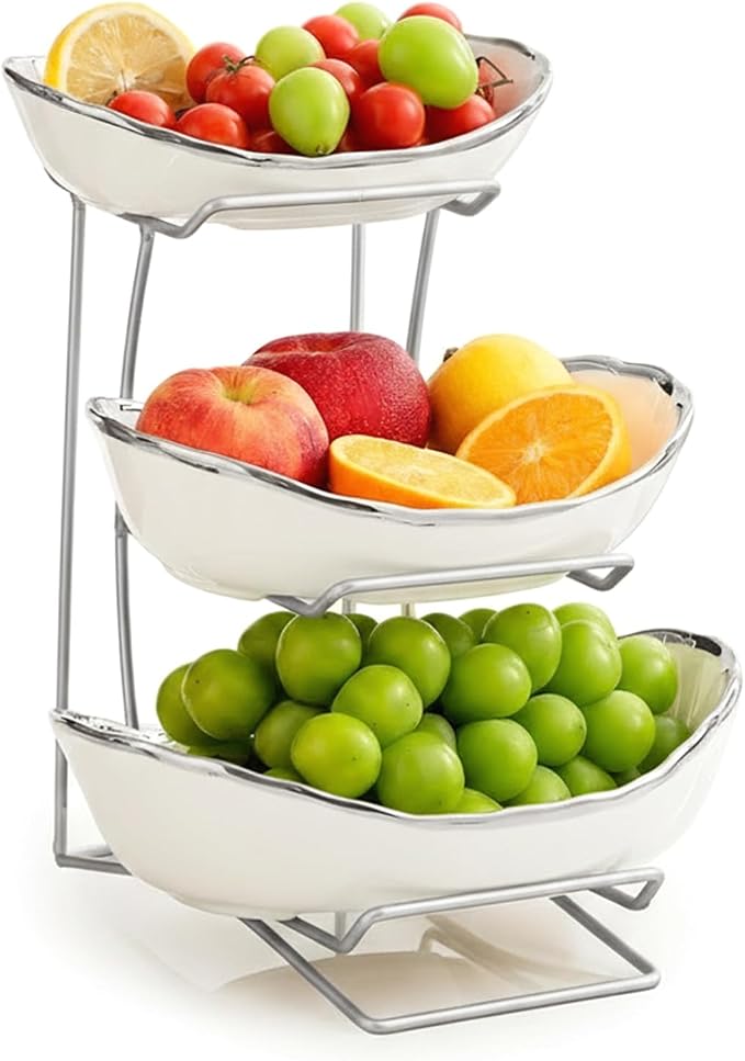 Gold Silver Fruit Bowl with Metal Stand, 3 Tier Ceramic White Fruit Bowl Fruit Rack for Kitchen Counter, Tiered Fruit Basket for Snacks Bread Candy Storage (White B (Smooth Surface))