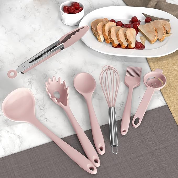 AOTHOD Silicone Cooking Utensils Set - 446°F Heat Resistant Kitchen Utensils, Spatula,Turner Tongs,Spoon,Whisk,Kitchen Utensil Gadgets Tools Set for Nonstick Cookware,Dishwasher Safe BPA Free(Pink)