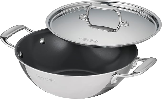 Tramontina Utsava Tri-Ply Clad Stainless Steel 2.75-Quart Kadai with Lid | Ceramic Non Stick Interior, Induction-Ready Kadhai Pot for Indian Cooking