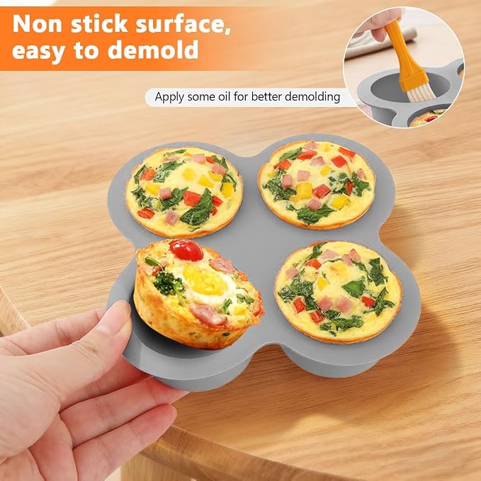 2 Pack Silicone Egg Bite Molds with 1 Spatula & 1 Brush, 4 Cups Silicone Air Fryer Baking Pan Non-Stick for Egg Bites, Cupcake, Tart, Frittata, Quiche, Muffins, Cornbread