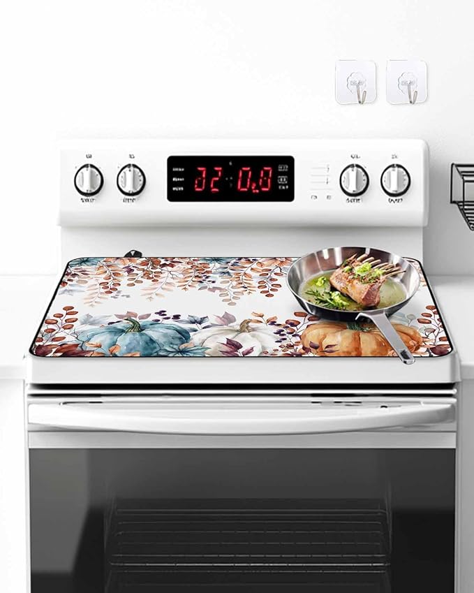 Stove Top Covers for Electric Stove 36x21 Inches, Fall Eucalyptus HeatResistant Glass Cooktop Protector, Orange Blue Pumpkins Thanksgiving Leaves Ceramic Stovetop Countertop Covers Mat, Oven Cover
