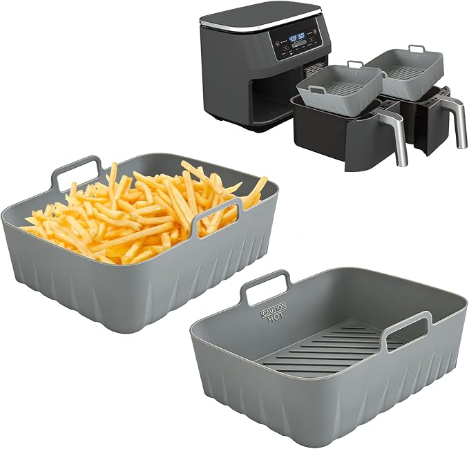 Golden Associate Silicone Liners Rectangle 2 Pcs for Air Fryer Dual Basket 8 to 10 Qt, Food-grade Reusable Baking Tray Fit Ninja DZ201 DZ401 DZ550, 4 to 5 Qt Each, Airfryer Accessories Grey