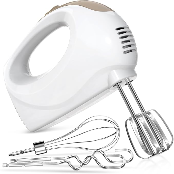 Showvigor Electric Hand Mixer with 5 Stainless Steel Whisks,5 Speed,White2 | Portable Kitchen Mixer Electric Whisk, Food Beater for Whipping Mixing Cookies