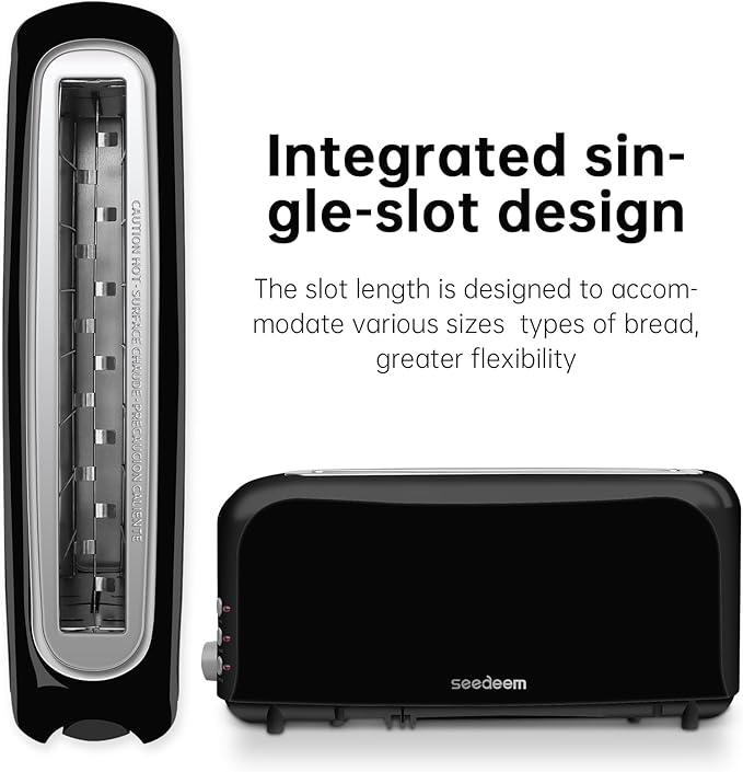 SEEDEEM 2 Slice Slim Toaster, 10" Long Slot, 6 Shade Settings, Black | Long Slot, 6 Shade Settings, Cancel/Reheat/Defrost, Removable Crumb Tray
