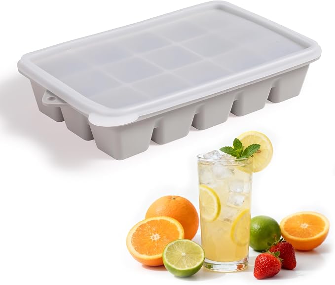 Silicone Ice Cube Trays with Lid, Set of 4, Easy Release Ice Molds, Reusable and Stackable Ice Trays for Freezer for Cocktail, Whiskey, Baby Food, BPA Free (gray)