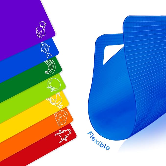 7 Pieces Plastic Flexible Cutting Boards for Kitchen, BPA- Free,15"x12" | Non Slip Cutting Mats with Food Icons, Easy-Grip Handles