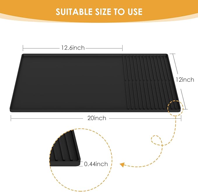 Silicone Coffee Mat with Raised Edges, 20'' X 12'', Bar Mat for Countertops, Accessories Fit Under Coffee Maker Espresso Machine, Dish Drying Mat (BLACK)