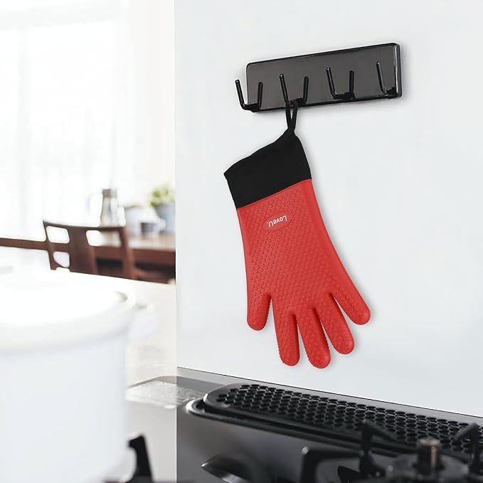 Silicone Oven Mitts Gloves - Heat Resistant, Non-Slip for BBQ, Grilling | 450°F Double-Layer｜Waterproof Kitchen Cooking Barbecue Mittens ｜5 Finger Hot Mitt for Baking, Smoker& Cast Iron(One Size)