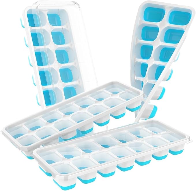 ChefAide Ice Cube Tray with Lid, 4 Packs 56 Cubes Durable Stackable Ice Cube Trays for Freezer with Removable Lids, Easy-Release Plastic & Silicone Ice Tray for Cocktail, Coffee