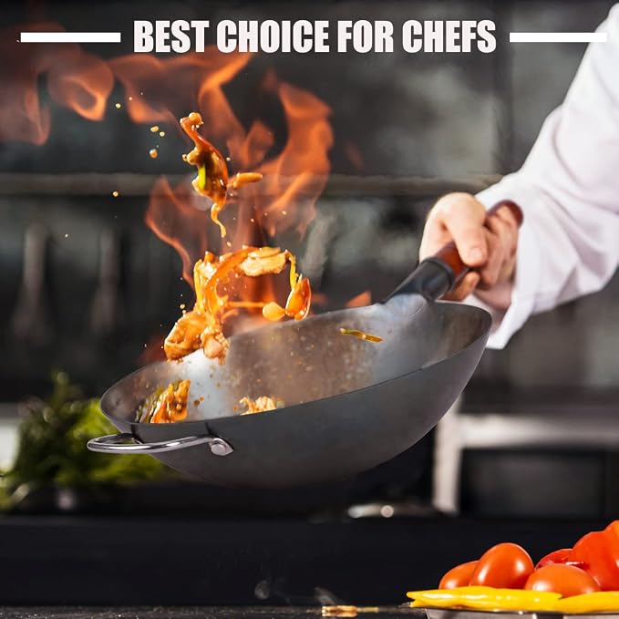 Teewe Carbon Steel Wok Traditional Hand Hammered - 13.4" Chinese Woks Round Bottom Wok Pan Set with 8 Pcs Cookware Accessories