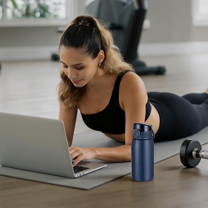 Insulated Water Bottle 12 oz with Dustproof Lid, Carry Handle & Tea Infuser, BPA-Free & Leakproof, Stainless Steel Water Bottles Ideal for Fitness, Hiking, Office & Outdoor Use （Dark Blue ）