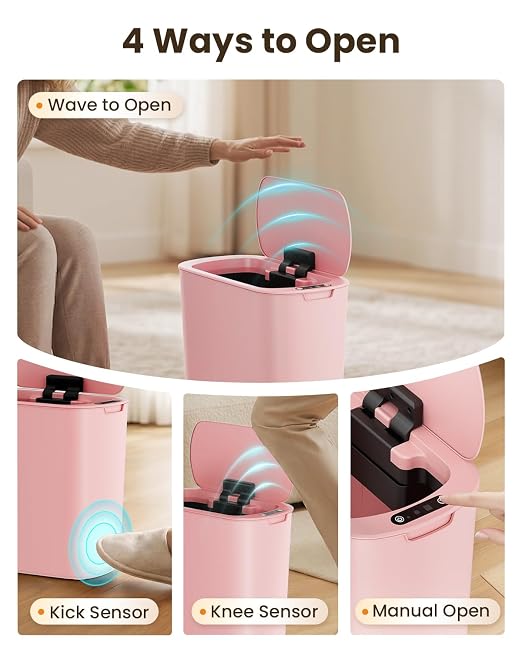 Cesun 5 Gallon Automatic Bathroom Trash Can with Lid, Pink, Touchless | Motion Sensor, Slim, Small Smart Garbage Bin, Plastic, Battery Operated, Manual Button, for Office/RV/Bedroom/Living Room