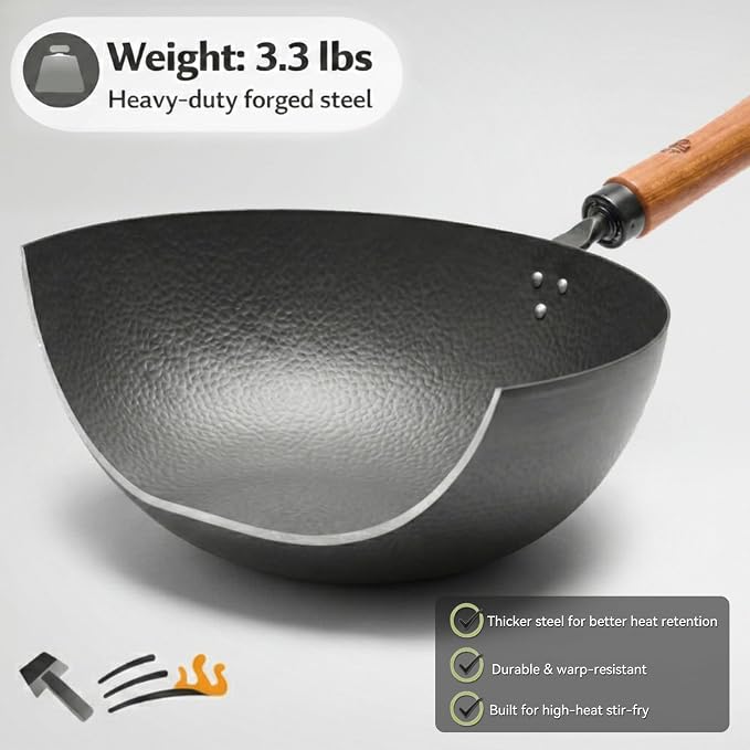 WANGYUANJI Carbon Steel Wok Pan 11 Inch - Round Bottom Traditional Pow Wok (Requires Gas Stove & Wok Ring) - No Coating Hand Hammered Stir Fry Pan with Lid & Detachable Handle