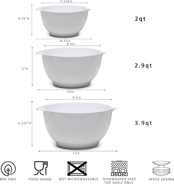Nesting Mixing Bowls Set, 3 Piece Melamine Bowls Set, 2.5 quart, 3.5 quart, 4.5 quart, Non Slip Base with Easy Pour Spout, Kitchen Cooking and Baking Supplies, White