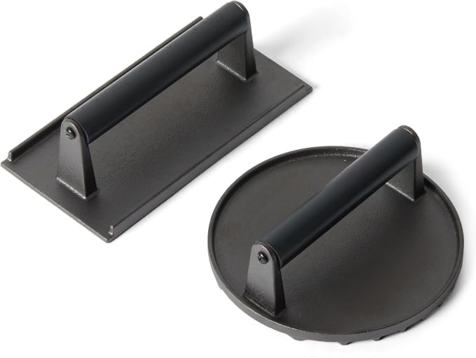 Amazon Basics Smash Burger Press, Cast Iron Bacon Press with Wooden Handle, Grooved Bottom for Grill Marks, 6.8-Inch Round & 8.1-Inch Rectangle, Black, 2-Pack