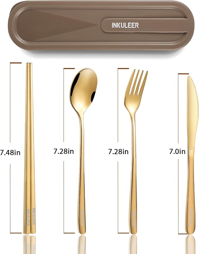 iNKULEER Travel cutlery set, 18/8 stainless steel cutlery, Reusable utensils set with case, Portable Silverware Lunch Box for Camping and Office (Rose Gold/knife set)