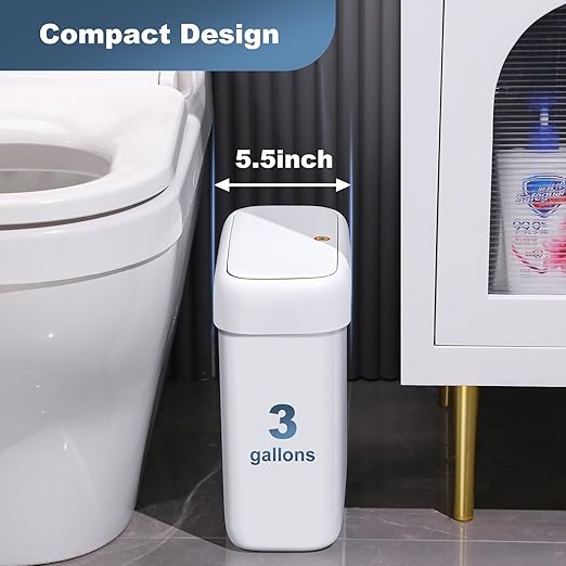 JOYBOS Bathroom Trash Can with Lid, 3 Gallon Small Garbage Can, 10L Dogproof Slim Plastic Narrow Trash Bin with Pop-up Lid for Toilet, Office, Bedroom, Living Room, White