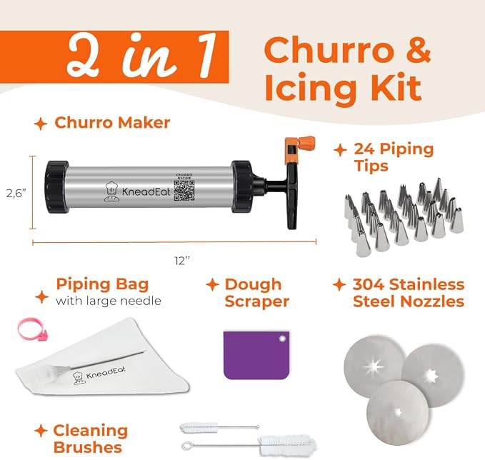 Churro Maker Kit Stainless Steel, Piping Bag, XL Filling Needle | Premium churrera with easy press handle and decorating tips for homemade filled churros, sweet fillings, and desserts
