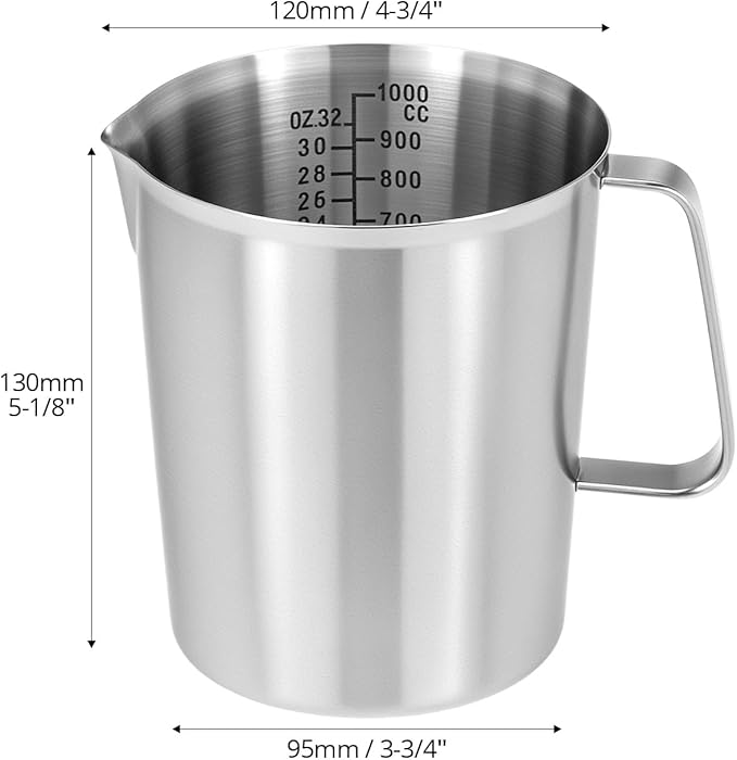 QWORK 304 Stainless Steel Measuring Cup 32 OZ with OZ/ML Graduations, 4 Cup Kitchen Mixing Pitcher, Precision Engraved Markings, Container for Baking and Frothing, 1 Liter