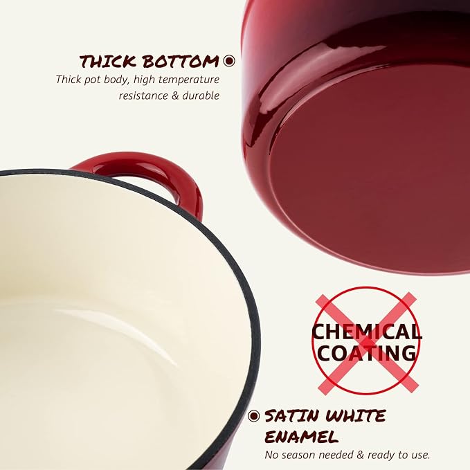 Overmont 5.5QT Enameled Cast Iron Dutch Oven with Lid Cookbook Heavy-Duty Casserole with Dual handles for Braising, Stews, Roasting, Sourdough Baking