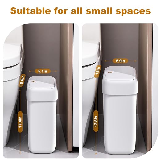 JOYBOS 2 Pack Bathroom Trash Can with Lid, 3 Gal/12 L & 2.7 Gal/10L Garbage Can with Pop-Up Lid,Small Spaces Plastic Trash Can, Slim Trash Bin Waste Basket for Bathroom,Rv, Office, White