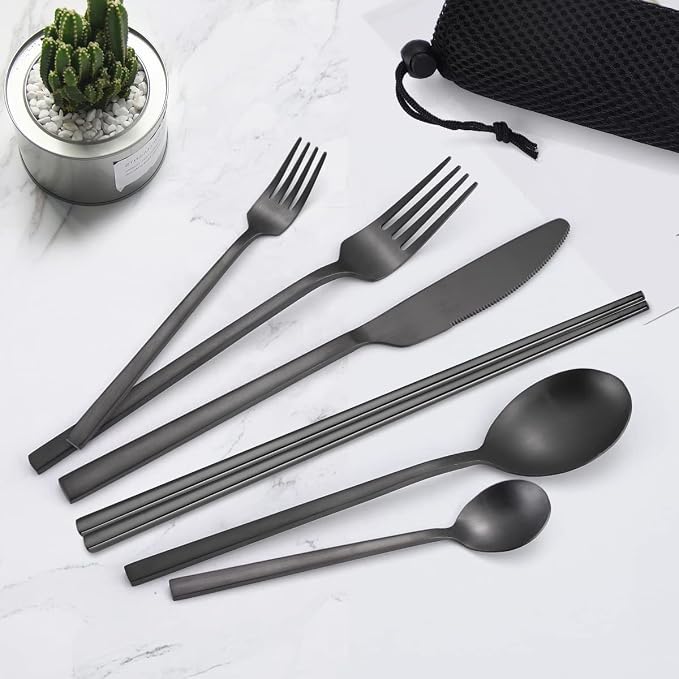 AARAINBOW 6 Pieces Stainless Steel Flatware Set Portable Reusable Cutlery Set Travel Utensils Set Including Chopsticks Knife Fork Spoon Straws Cleaning Brush Dishwasher Safe (B-Black)