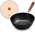 WANGYUANJI 10.24-Inch Carbon Steel Wok with Lid, Flat Bottom Small Wok Pan for 1–3 Servings, Uncoated Stir Fry Pan, Glass Lid, Induction/Gas/Electric Compatible, Wood Handle, Black