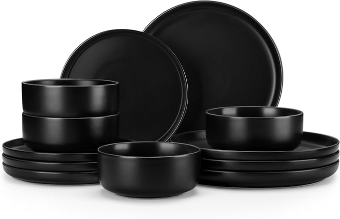 MALACASA 12 Pcs Porcelain Plates and Bowls Sets,Dinnerware Set for 4,Black | Modern Ceramic Dishware Set,Kitchen Dining Ware,Microwave and Dishwasher Safe,Simple Matt Black Design,Series LUNA