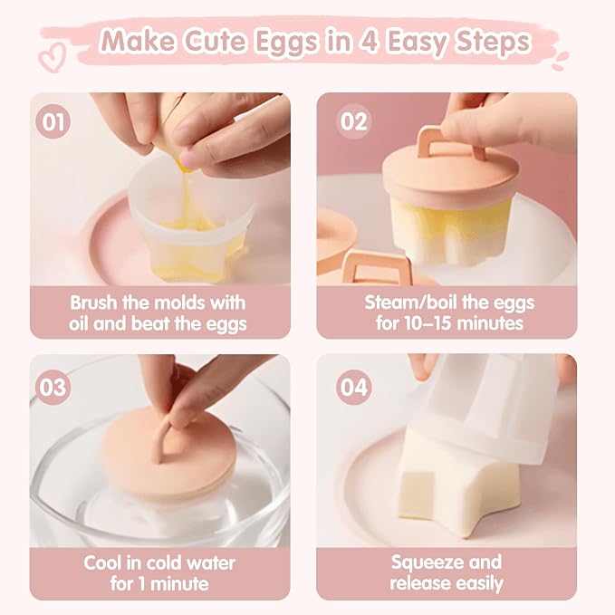 Egg Poacher Cups, 4 Pcs Poached Egg Cooker, Gray | 4 reusable egg molds with lid & brush, 4 shapes, easy release, for boiled eggs without shell