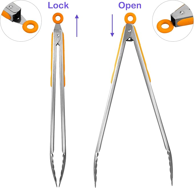 304 Stainless Steel Kitchen Cooking Tongs, 14 & 16 Inch, Set of 2, Orange | Locking Food Tongs with Non-slip Grips and Hanging Loops for Cooking, Grilling, BBQ and Serving, Dishwasher Safe